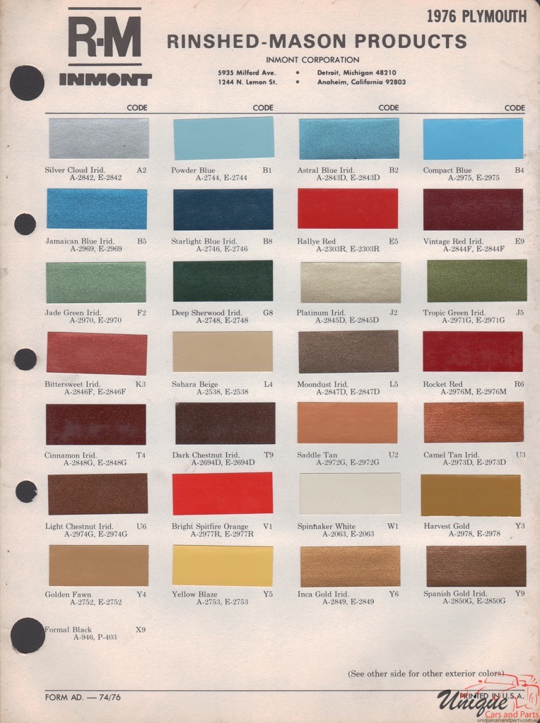 1976 Plymouth Paint Charts RM 1